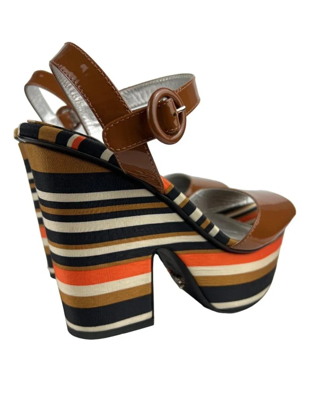 Prada Brown Patent Leather Peep-Toe Platform Heels With Striped Fabric Size 8.5